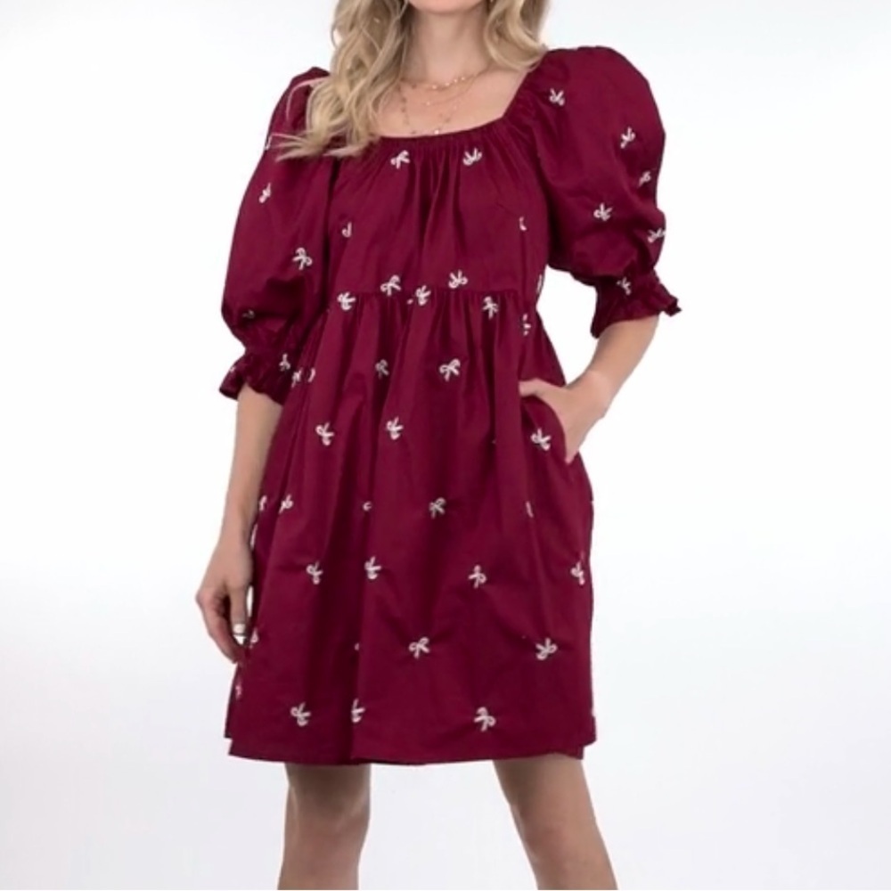 She + Sky- 3/4 SLEEVE BOW EMBROIDERY WOVEN TIERED DRESS WITH POCKETS - Picture 2 of 5